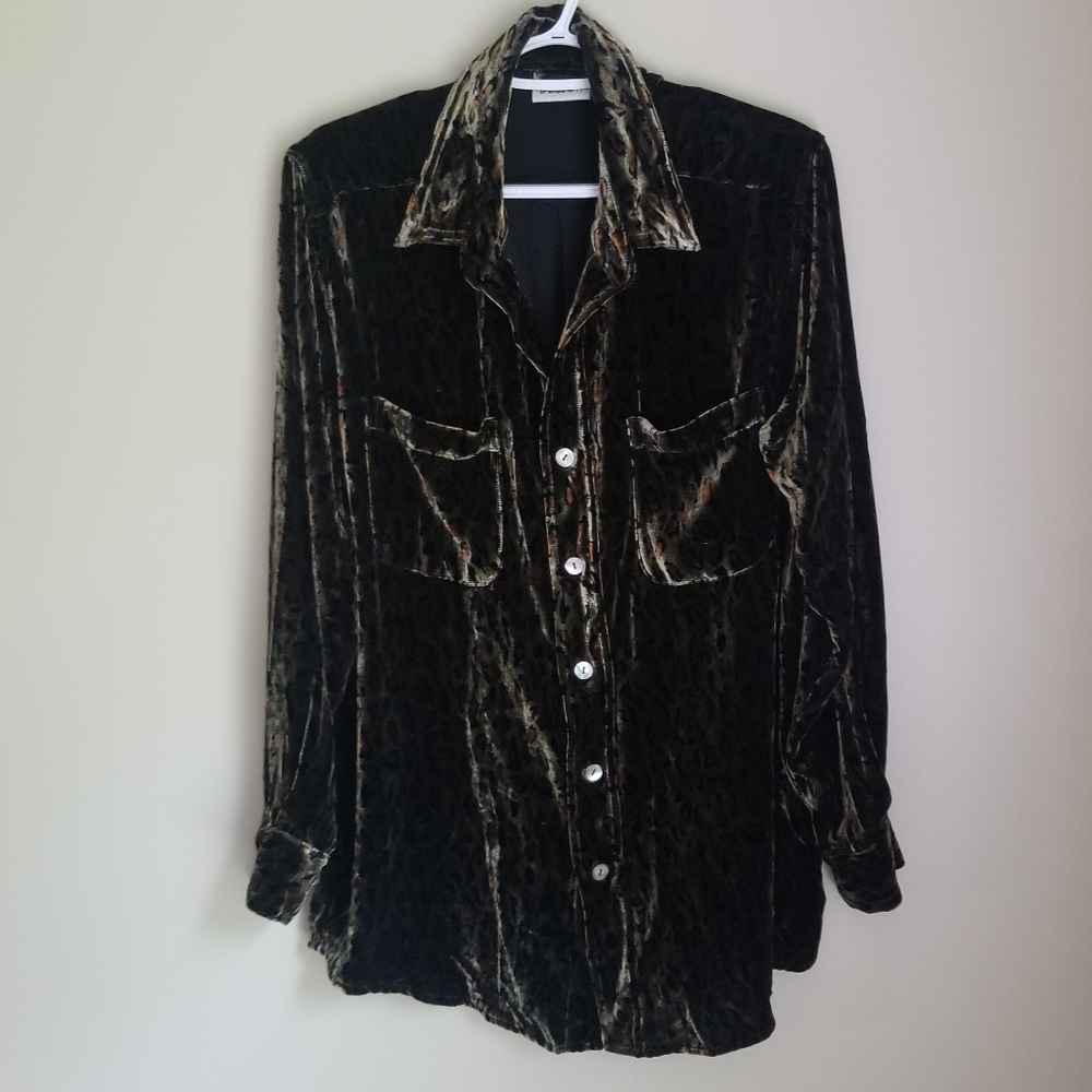 Chicos Velvety Animal Print Button Down Top